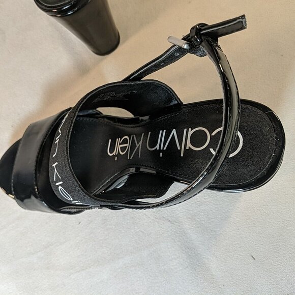 Calvin Klein BETHAN Black Strap Logo Heels 7.5 Black Wedge Patent 34E09131 Sling - Picture 12 of 12